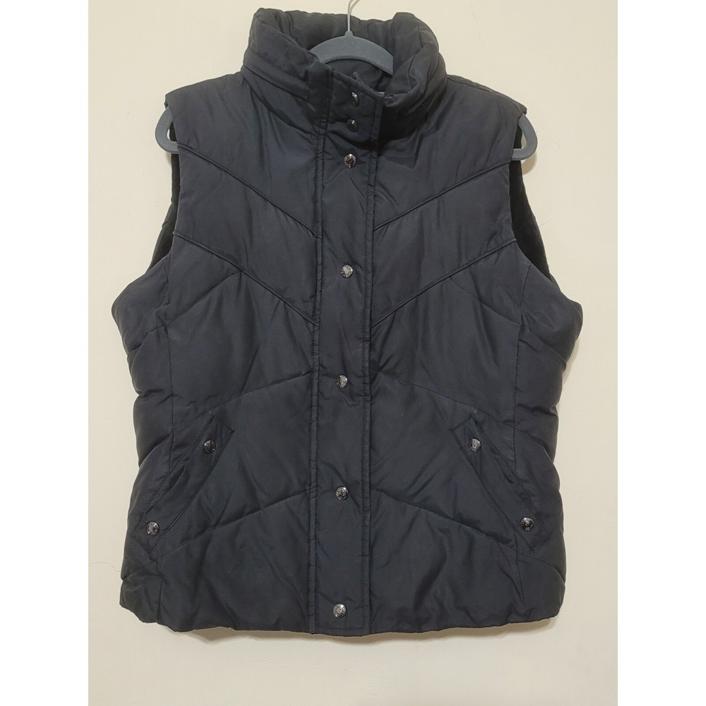 Esprit Womens Puffer Vest Size M Black Fleece Lined Hood Full Zip Pockets